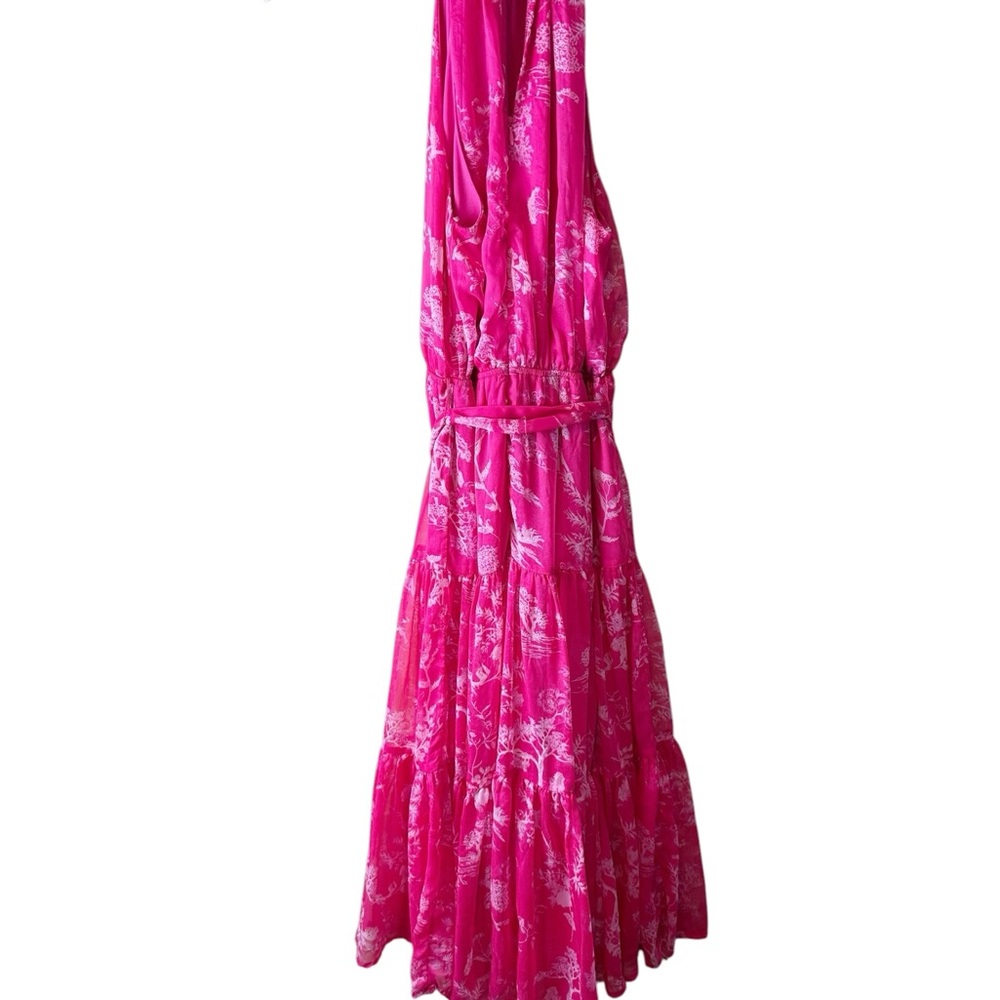 Lulus Float to You Hot Pink Floral Print Halter-Neck Tiered Midi Dress S Wedding - Picture 6 of 10